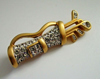 Vintage D'Orlan Paris Gold Plate Rhinestone Golf Club & Bag Brooch Pin - Estate