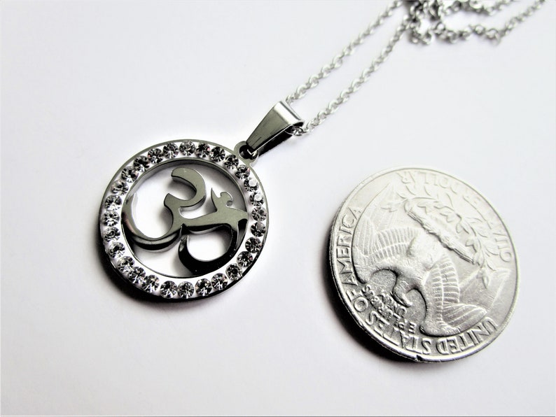 ohm symbol stainless steel pendant stainless steel chain Round bejeweled ohm symbol pendant Ohm symbol pendant ohm symbol jewelry
