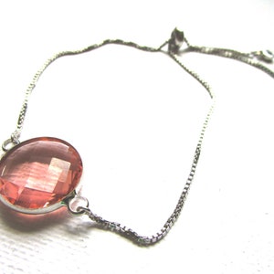 Silver tone pink clear glass charm chain bracelet - silver pink glass charm - pink round charm silver chain - silver adjustable  bracelets