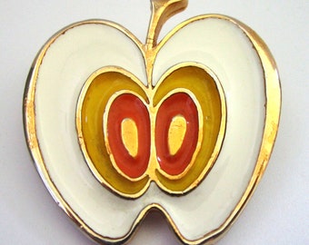 Vintage CORO Apple Enamel Brooch - Art Deco - Gold White Yellow Orange - Estate