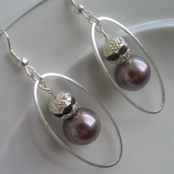 Silver colored hoop and grayish/purple pearl bead dangle chandelier earrings - dangle earrings - chandelier earrings - gift for her