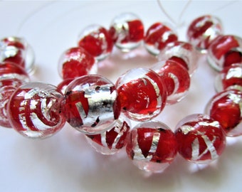 20 Flower Helix Beads - Round Helix Beads - 10mm - jewelry bead supplies - red beads - round red helix beads - red/silver/white glass beads
