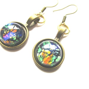 Bronze nickel free blue gold galaxy earrings stainless steel nickel free hook blue gold jewelry glass cabochon galaxy earrings glass image 1