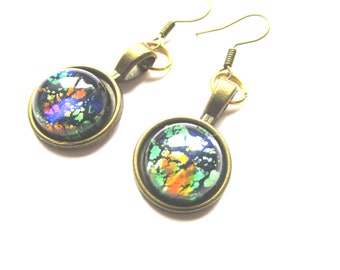 Bronze nickel free blue gold galaxy earrings - stainless steel nickel free hook - blue gold jewelry - glass cabochon galaxy earrings - glass