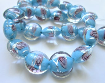 25 Blue Flower Helix Bead - Round Helix Bead - 16mm - jewelry bead supply - flower blue beads - round flower helix beads - pink blue flowers