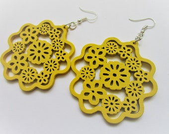 Yellow carved large flower wooden earring - wood painted jewelry - flower earring - hobo earring - stainless steel nickel free wood earrings