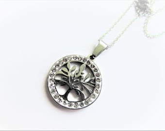 Tree of life pendant - Round bejeweled tree pendant - stainless steel chain - tree of life stainless steel pendant - tree of life jewelry