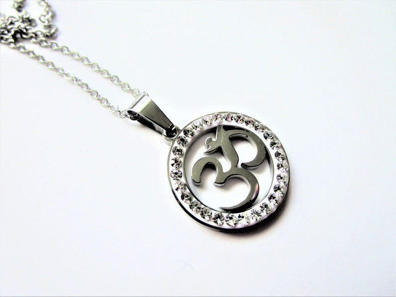 ohm symbol stainless steel pendant stainless steel chain Round bejeweled ohm symbol pendant Ohm symbol pendant ohm symbol jewelry