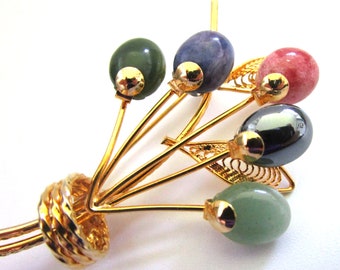 Vintage Gold Tone Flower Brooch Pin with Various Gemstone Flowers - Estate 1990s