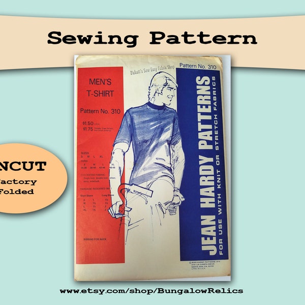 1970s Jean Hardy 310 Vintage Mens T-Shirt Pattern for Knits Scoop Neck Adult Teen Vintage Sewing Pattern Size S M L XL UNCUT