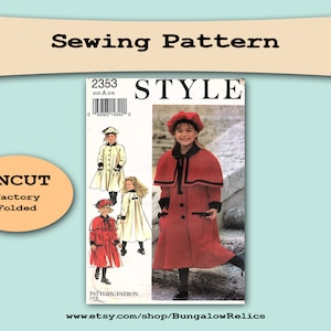 May include: A vintage sewing pattern titled "STYLE" with the number 2353. The pattern features illustrations of children's coats and capes in red and cream colors. The words "UNCUT" and "Factory Folded" are also visible.