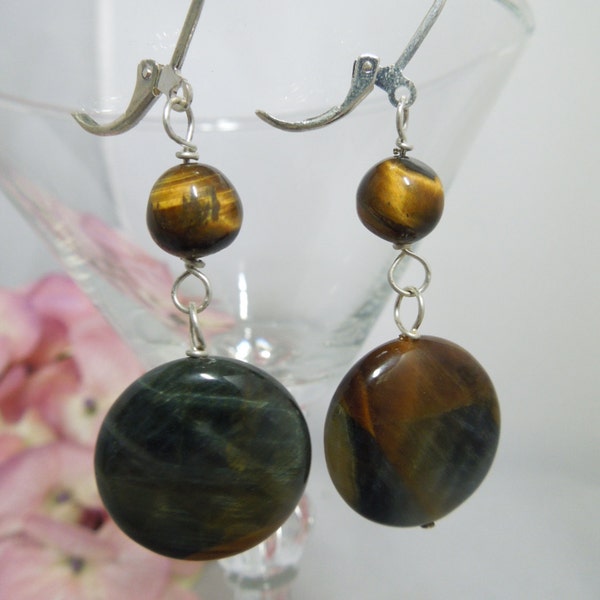 Tiger's Eye Brown Green Gold Dangle Silver Lever Back Earrings