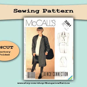 May include: Uncut McCall's sewing pattern #3381 for sizes 6-10. The pattern is for a French Connection inspired coat and skirt. The pattern is factory folded.