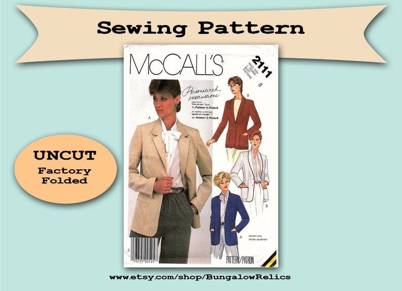 2111 Misses Classic Jacket Blazer for Ultrasuede Suede McCalls Sewing Pattern Sz 8 UNCUT FF image 1