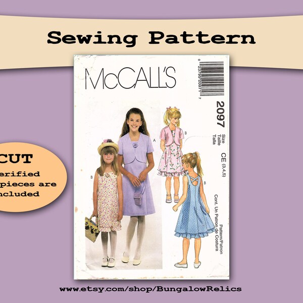 2097 Girls Lined Dress Criss Cross Straps Bolero Jacket McCalls Sewing Pattern Sz 3 4 CUT to Sz 4