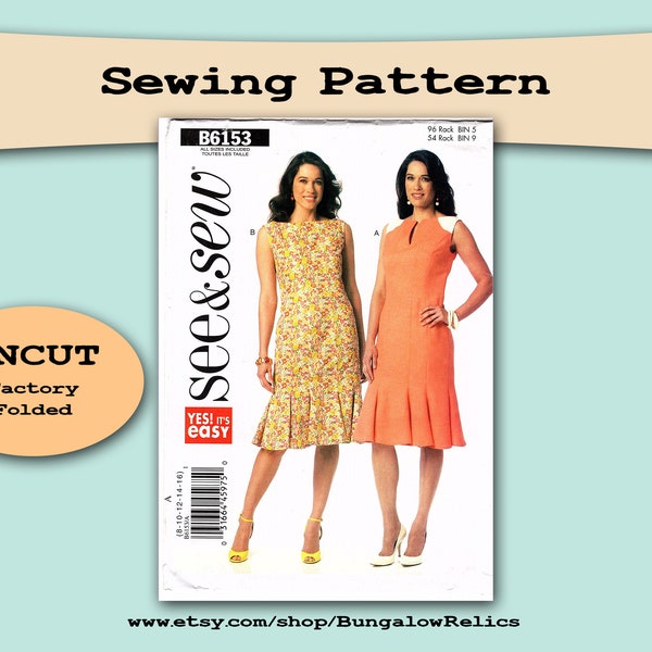 B6153 Misses Dress Mid Length Front Kick Pleats Sleeveless See & Sew Butterick Sewing Pattern Sz 8 10 12 14 16 UNCUT FF EASY