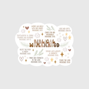 May include: A white cloud with brown text that reads "Biblical Womanhood" surrounded by illustrations of flowers, stars, and hearts. The text includes Bible verses from Proverbs 31.