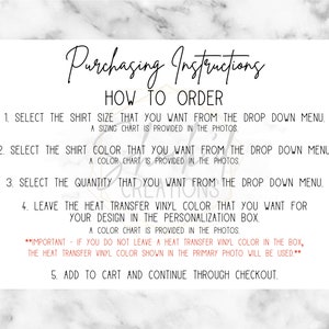 Puede incluir: Un fondo blanco con texto negro que describe c&oacute;mo pedir una camiseta. El texto incluye instrucciones para seleccionar la talla, el color, la cantidad y el color del vinilo de transferencia t&eacute;rmica. Tambi&eacute;n indica que se proporciona una tabla de tallas, una tabla de colores y una tabla de colores de vinilo de transferencia t&eacute;rmica en las fotos.