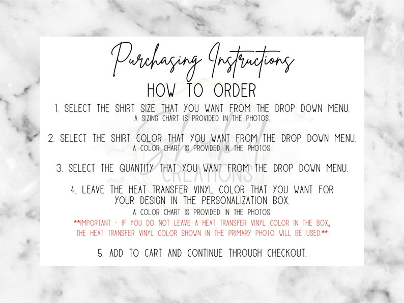 Puede incluir: Un fondo blanco con texto negro que describe c&oacute;mo pedir una camiseta. El texto incluye instrucciones para seleccionar la talla, el color, la cantidad y el color del vinilo de transferencia t&eacute;rmica. Tambi&eacute;n indica que se proporciona una tabla de tallas, una tabla de colores y una tabla de colores de vinilo de transferencia t&eacute;rmica en las fotos.