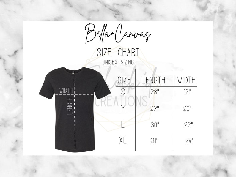 Puede incluir: Una tabla de tallas para camisetas unisex, que muestra las medidas en pulgadas para la longitud y el ancho. La tabla incluye las tallas S, M, L y XL.