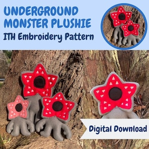 May include: A set of three Demogorgon plushies with red, star-shaped heads and grey bodies. The heads have white triangle accents and a black centre. The text "UNDERGROUND MONSTER PLUSHIE ITH Embroidery Pattern" is visible.