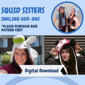 May include: Image features Squid Sisters Inkling add-ons, including white, black, and pink hats with distinctive ear-like designs. The text "Digital Download" is also visible. The image showcases the product with models.