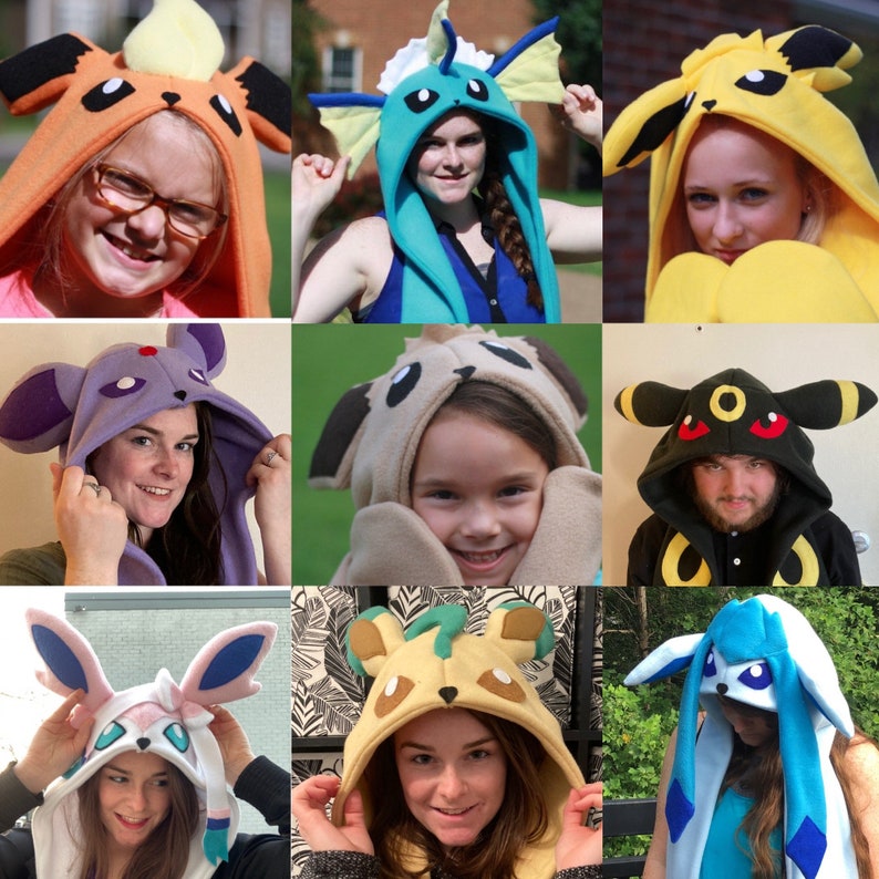 May include: A collection of hooded fleece hats in various colors, each designed to resemble a different cartoon character. The hats feature details like ears, eyes, and other distinguishing features. The hats are worn by different people.