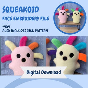May include: The image showcases a digital download for a face embroidery file. The design features a whimsical, plush creature with colorful appendages and black eyes. The text "SQUEAKOID FACE EMBROIDERY FILE" is displayed, along with "*4x4" and "ALSO INCLUDES GILL PATTERN".