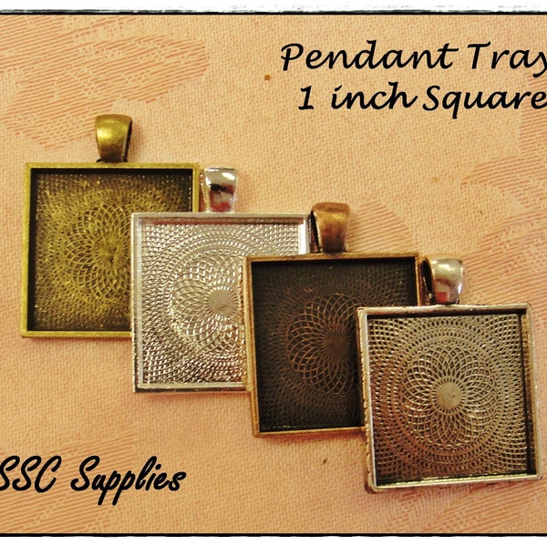 100 Pendant Trays - 1 inch 25 mm Square choose Antique Brass, Silver, Antique Copper, or Antique Silver - Blank Cabochon Bezel Setting