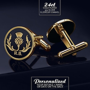 Black Cufflinks gold-plated, Thistle Cufflinks Personalized, Scottish jewelry for men, Gold Cufflinks for Dad zdjęcie 1