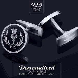 Blue Cufflinks, Thistle Cufflinks Personalized, Scottish jewelry for men, Silver Cufflinks for Dad