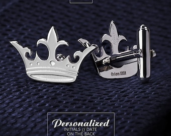 Crown Cufflinks Engraved, Wedding Cufflinks for groom, Bride to groom gift, 925 sterling silver Cufflinks