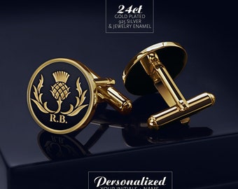 Black Cufflinks gold-plated, Thistle Cufflinks Personalized, Scottish jewelry for men, Gold Cufflinks for Dad