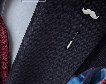 Silver Lapel Pin Mustache, Tie Pin Grooms boutonniere, Wedding lapel pin, Tie tack for Groom