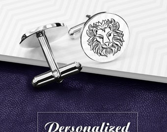 Lion Cufflinks Engraved Animal Cufflink groom gift from bride, Zodiac Cufflinks Personalized