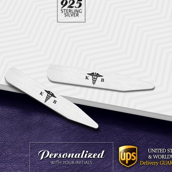 Doctor gift, Med student gift, Doctor collar stays engraved, Personalized collar stiffeners silver 925