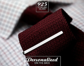 Skinny tie clip silver 925, Groom Tie Clip personalized, Wedding tie bar engraved on the back, Custom tie clip