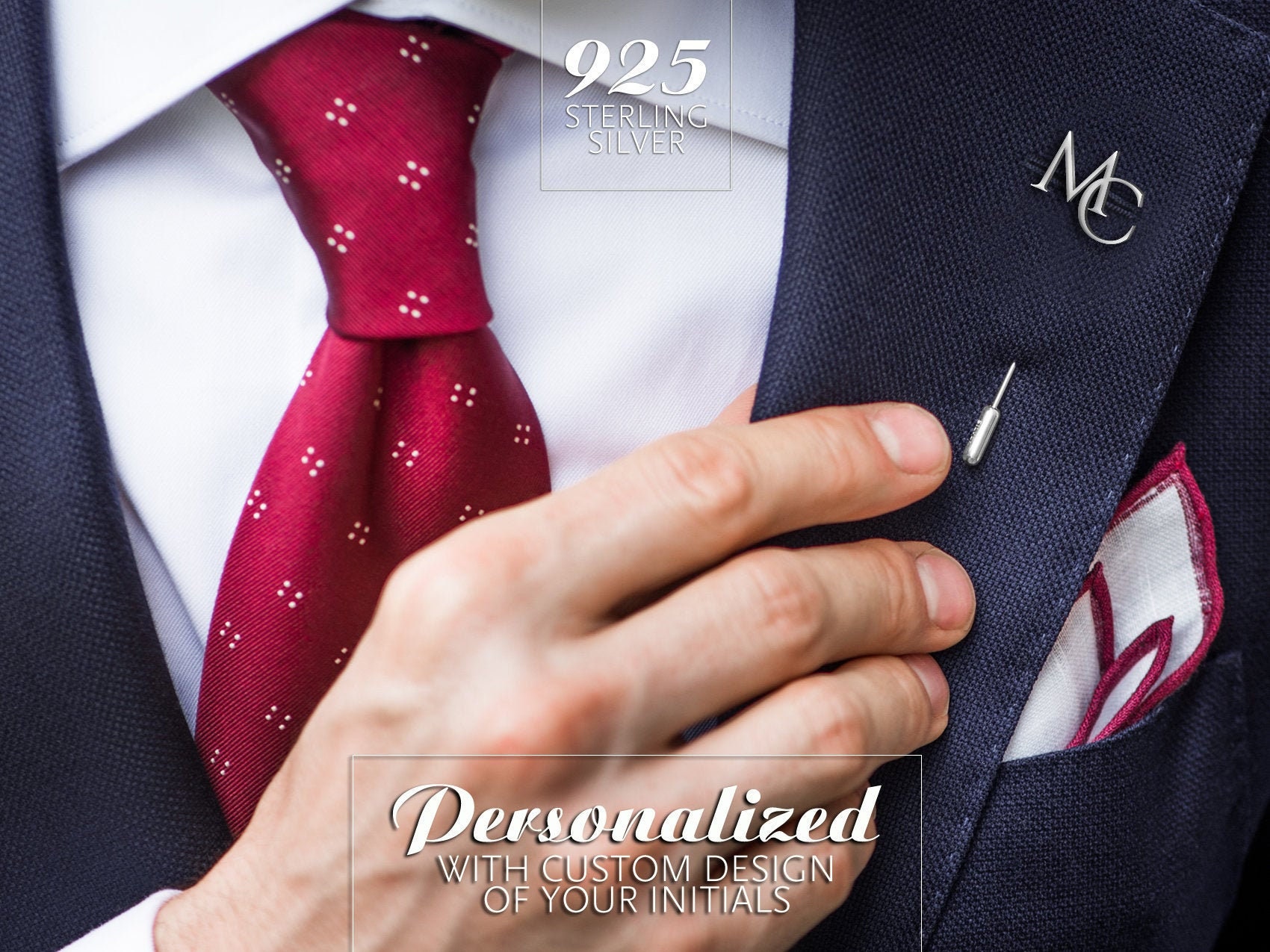 Initials Lapel Pin silver 925, Wedding tie pin for Groom, Letters Lapel Pin, Groom gift from bride