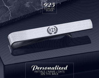 Lawyer Tie Clip engraved, Gift for Attorney, Law graduation tie bar, Scales of justice, Personalized tie clip silver 925
