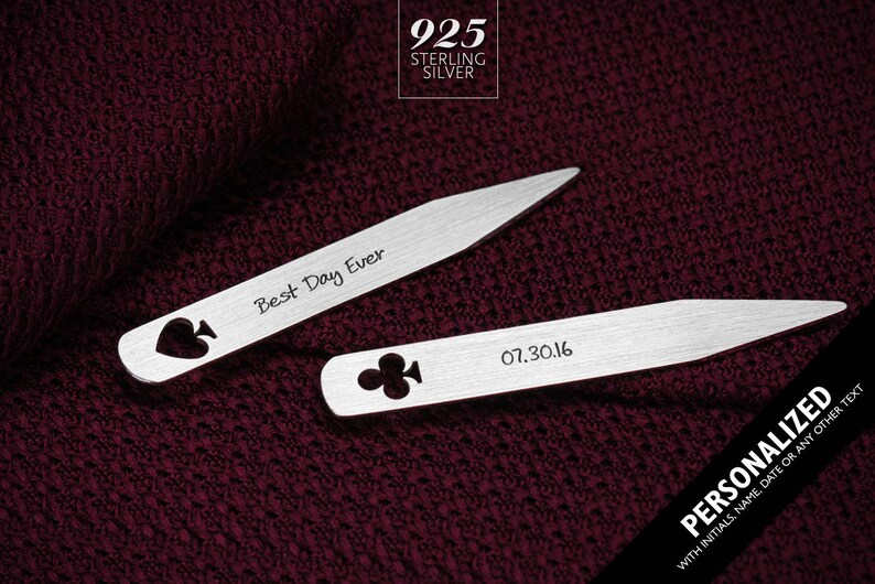 Poker Custom Collar Stays sterling silver Monogram Collar stiffeners Groom gift from bride