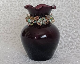 Beautiful Amethyst glass ruffle vase with beads / vintage glass bud vase / decorative flower vase