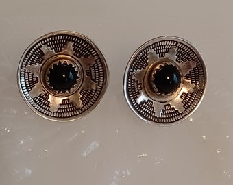 Vintage Navajo silver & Black Onyx earrings with a traditional basket design