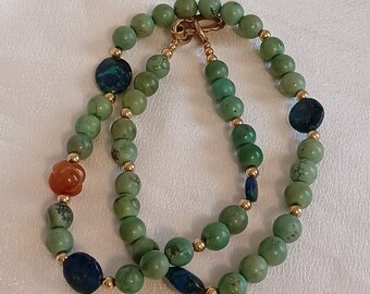 Vintage chunky bead necklace / turquoise green - blue green marble - gold tone & Amber