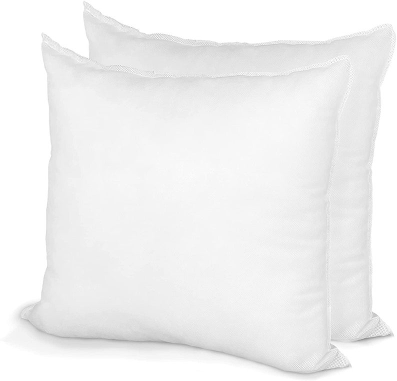 May include: Two white square pillows are displayed, showcasing a clean, minimalist aesthetic. The pillows have a soft, puffy appearance, suggesting a comfortable filling. The edges are neatly sewn, and the overall presentation is simple and inviting.