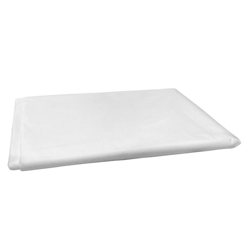 May include: A folded, rectangular white fabric, possibly a sheet or tablecloth, is displayed against a plain white background. The fabric appears to be made of a smooth, possibly woven material. The edges are neatly folded, suggesting a finished product.