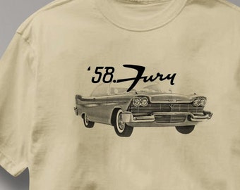 Plymouth 1958 Fury Classic Car Auto T Shirt Tee Shirt Mens Womens Ladies Youth Kids