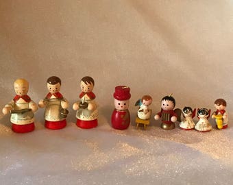 9 Vintage Wooden Christmas Figures/Ornaments Altar Boys Angels