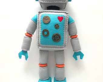 Cute Blue and Grey Standing Plush Felt Robot