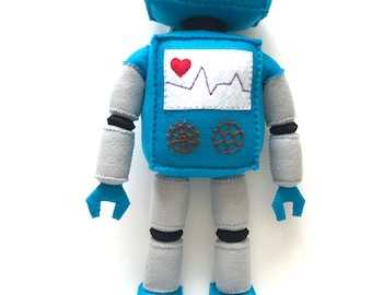 Lindo robot de fieltro de felpa de pie azul oscuro y gris