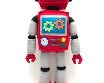 Lindo robot de felpa de pie rojo y gris